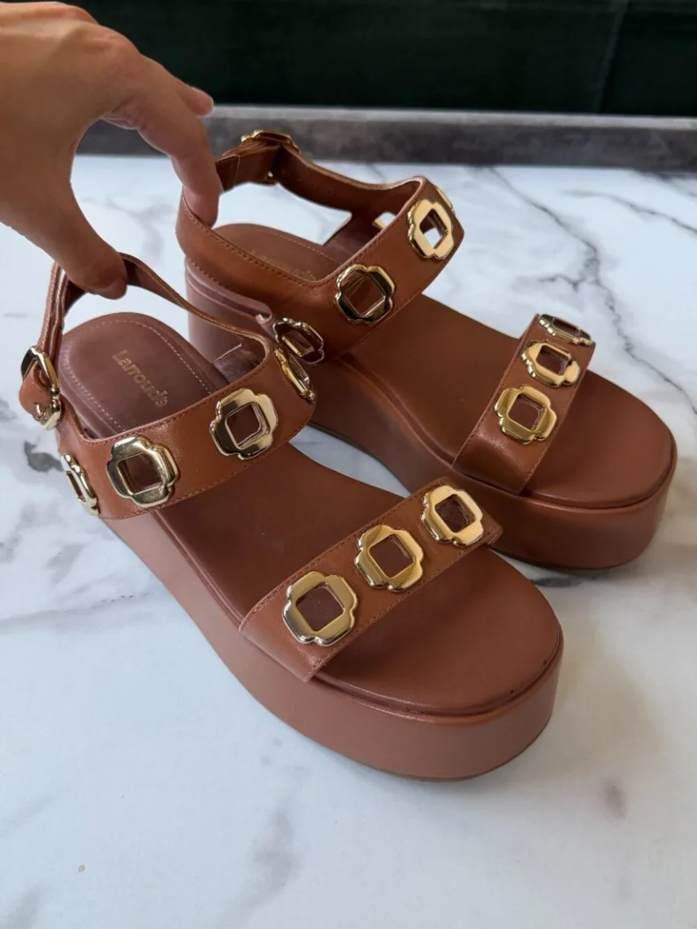 Larroudé Brown Leather Grommet Platform Sandals NEW Size 8.5